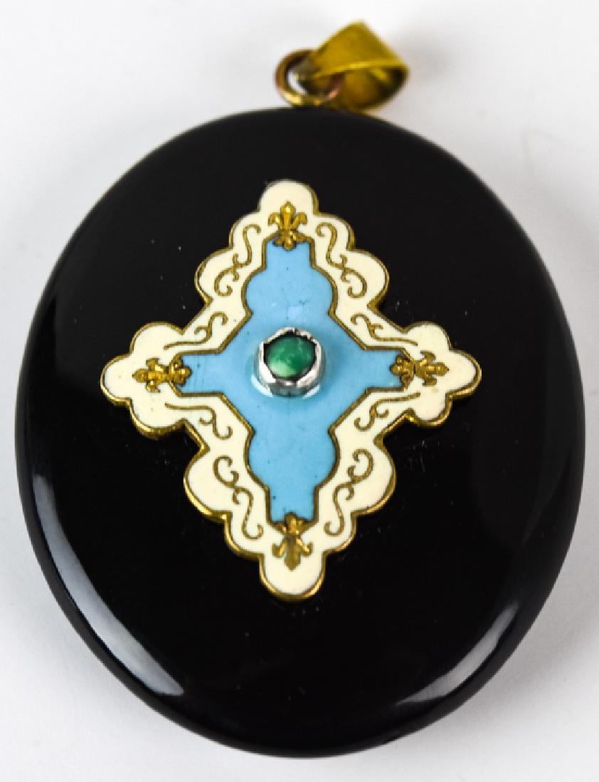 Antique 19th C Onyx & Enamel Mourning Locket: Antique 19th C Onyx & Enamel Mourning Locket. Necklace pendant with carved onyx and blue and white enamel. Back is a glass panel locket. Measures 2.25 inches in length.