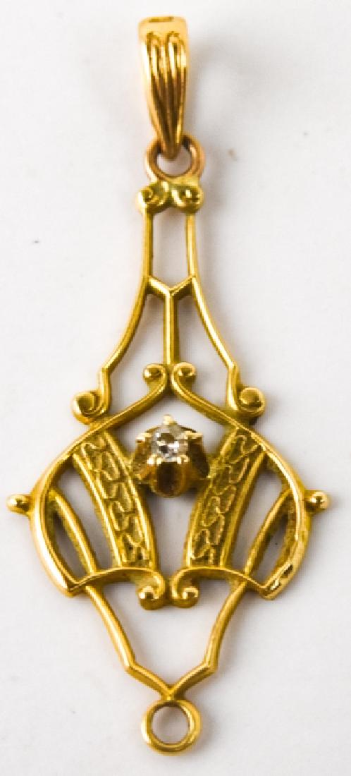 Antique Edwardian Gold & Diamond Lavalier Pendant: Antique Edwardian Gold & Diamond Lavalier Pendant. 14kt yellow gold and diamond pendant. Measures 1.25 inches in length.