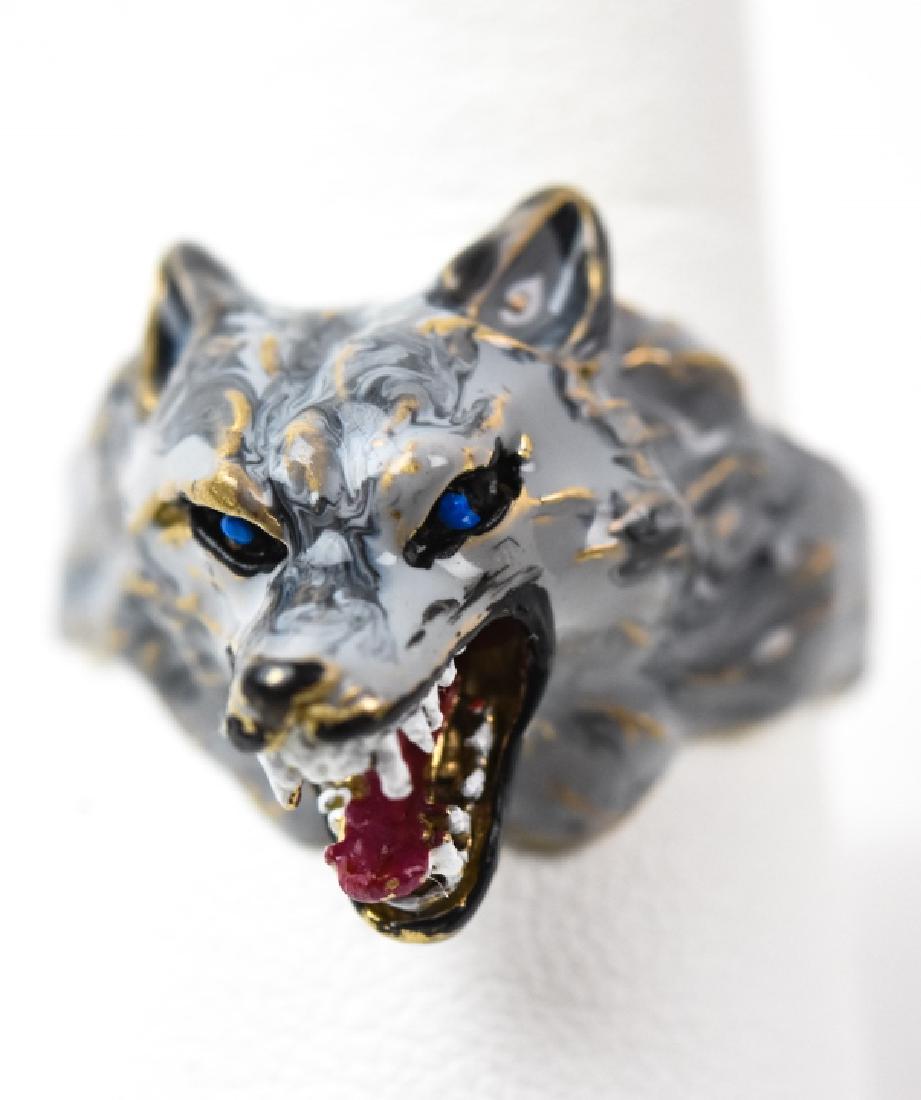 Sterling Silver & Enamel Roaring Wolf Figural Ring (1 of 5)