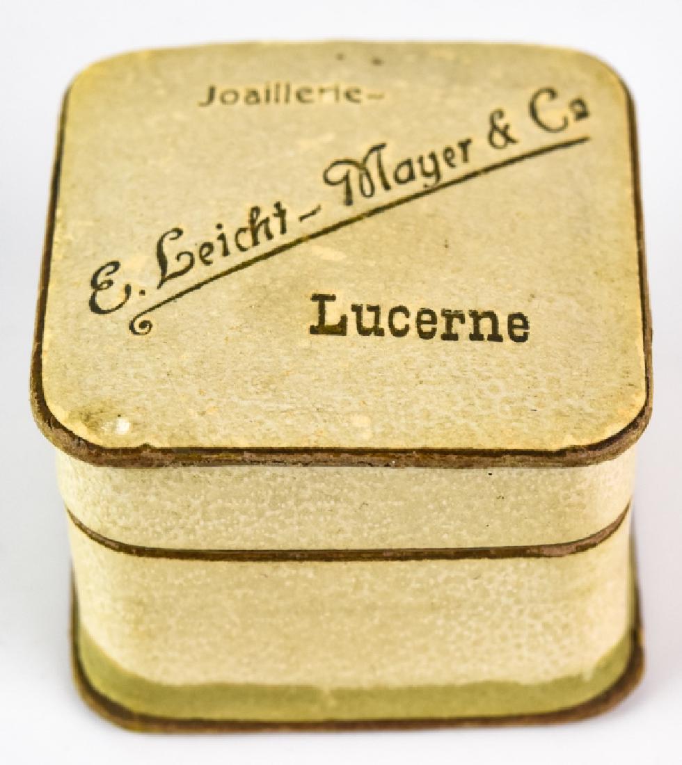 Antique 19th C Lucerne Switzerland Jewelry Box: Antique 19th C Lucerne Switzerland Jewelry Box. With silk lining. Top reads E Leicht Mayer & Co. Measures 1.75 x 1.75 inches.