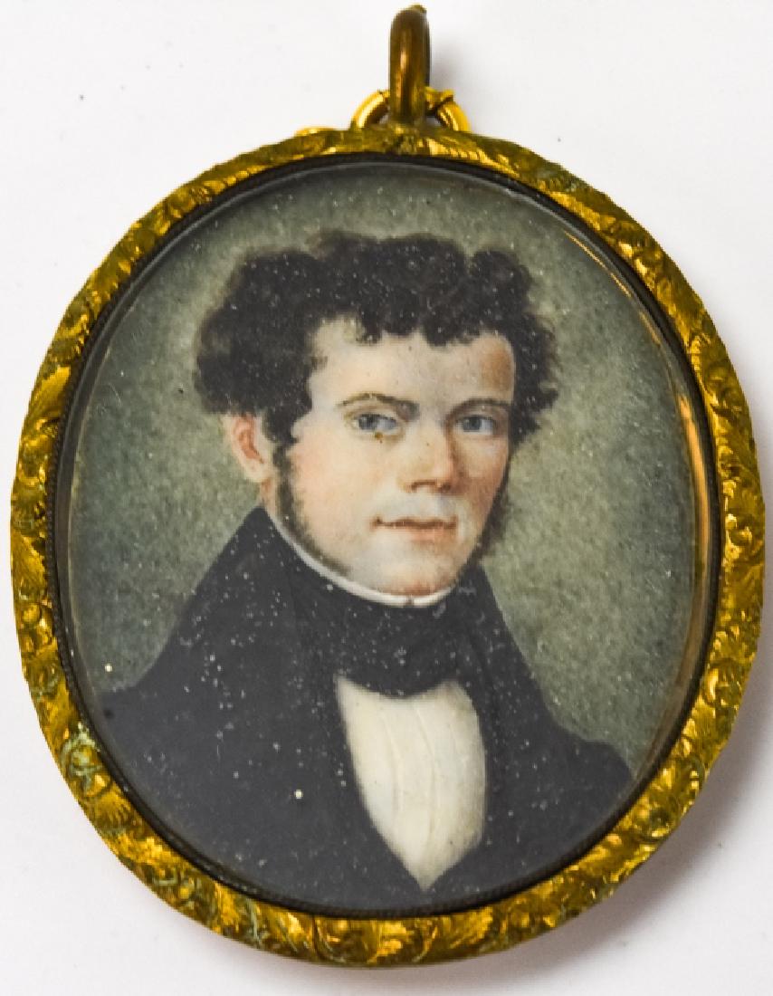 19th Century American Mourning Portrait Miniature: 19th Century American Mourning Portrait Miniature. Antique 19th century portrait miniature depicting a gentleman, with mourning locket on reverse. American, circa 1810. 2.75 inches x 2 inches with bai