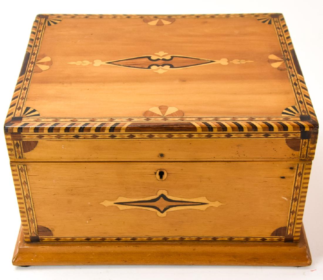 Antique 19th C English Tunbridge Jewelry Box: Antique 19th C English Tunbridge Jewelry Box w Divided & Velvet Lined Interior. Original key. Measures 6.5 x 12 x 9.5 inches.