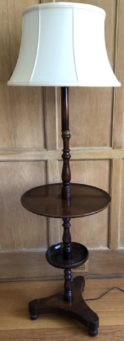 Turned Standing Lamp with Table and Tray: Turned Standing Lamp with Table and Tray. 59 inches x 17 inches in diameter.