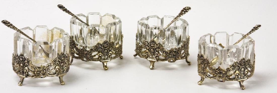 4 Antique 800 Silver & Glass Salt Cellars W Spoons (1 of 10)