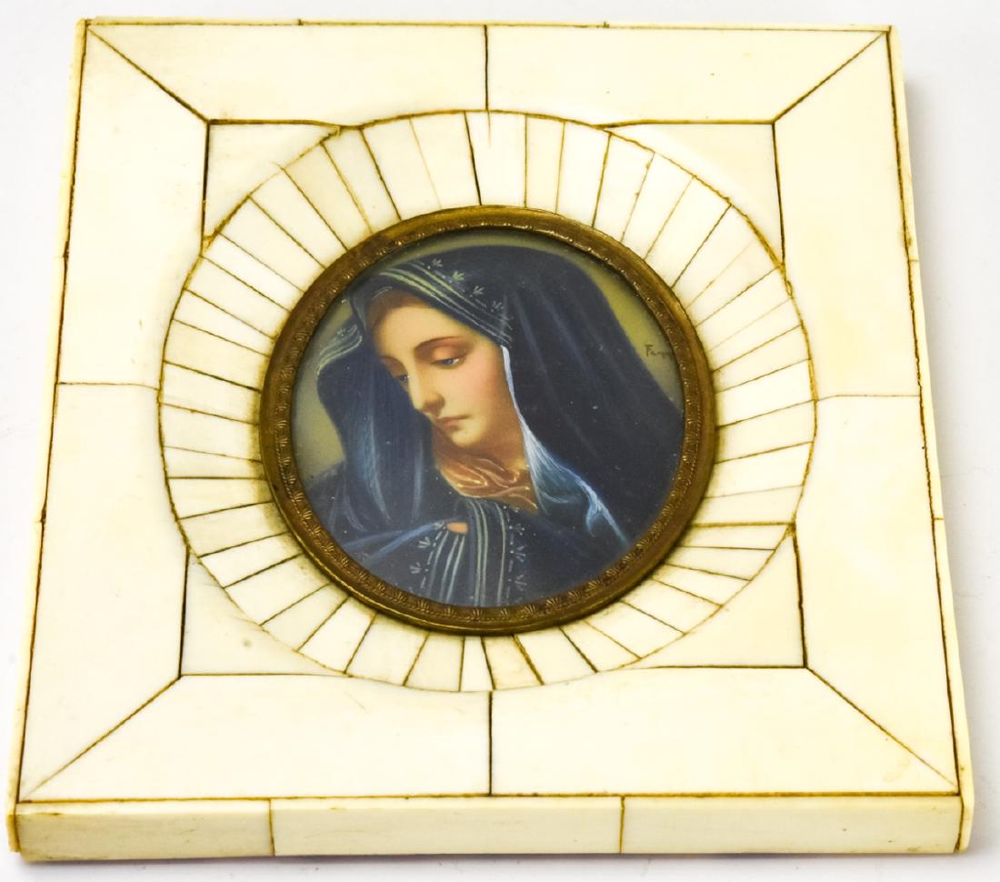 Antique 19th C Portrait Miniature of the Madonna: Antique 19th C Portrait Miniature of the Madonna. Antique 19th century portrait miniature depicting the Madonna, in a bone frame. Circa 1840. 5 inches x 4.5 inches.