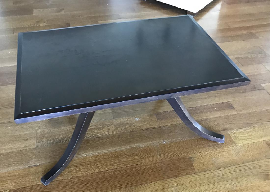 Contemporary Coffee Table w Book Matched Top: Contemporary Coffee Table w Book Matched Top. Scroll work legs, top with four triangles in book matched pattern. Measures 19 x 42 x 28.5 inches.