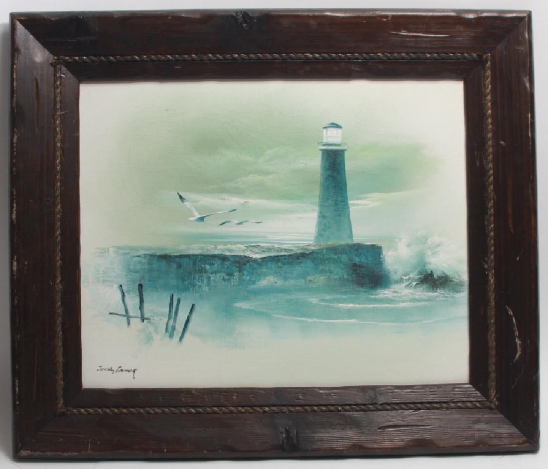 Oil Painting of a Lighthouse - Signed: Oil Painting of a Lighthouse - Signed. Oil painting depicting a lighthouse with seagulls and waves, signed by the artist in the lower left. Frame measures 22 inches x 26 inches.