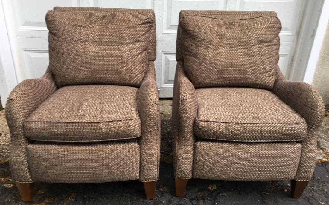 Pair Upholstered Reclining Arm Chairs: Pair Upholstered Reclining Arm Chairs. 35 inches x 27 inches x 29 inches.