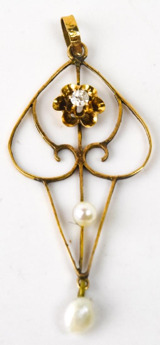 Antique Edwardian Gold & Diamond Lavalier Pendant: Antique Edwardian Gold & Diamond Lavalier Pendant. 10kt yellow gold diamond and pearl pendant. Measures approximately 1.5 inches in length.
