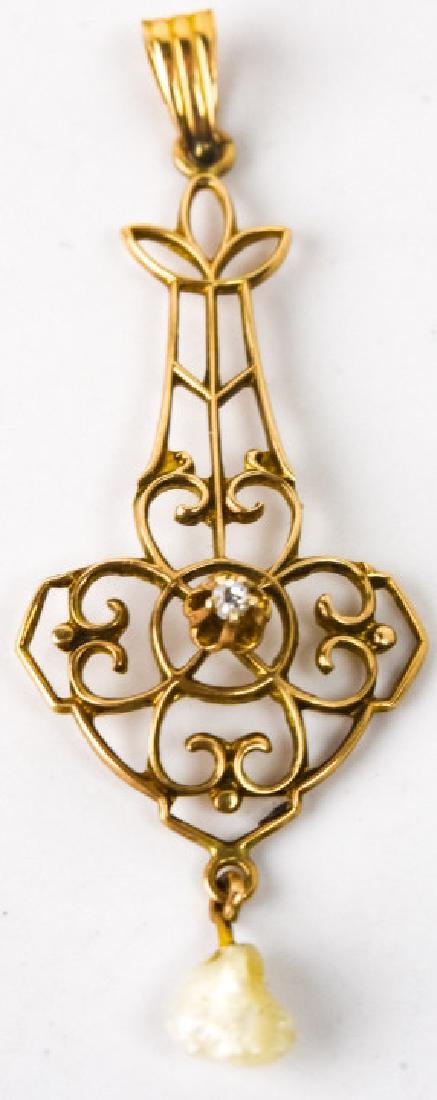 Antique Edwardian Gold & Diamond Lavalier Pendant: Antique Edwardian Gold & Diamond Lavalier Pendant. 10kt yellow gold with diamond and pearl. Measures nearly 1.75 inches in length.