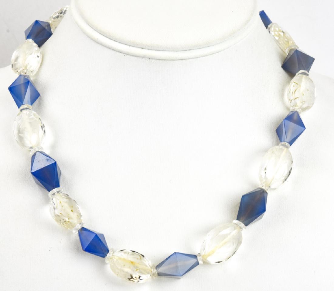 Estate 14kt Gold Etched Crystal Bead Necklace: Estate 14kt Gold Etched Crystal Bead Necklace. Filigree 14kt yellow gold clasp with etched crystal beads, opaline glass beads and faceted spacers. Measures 17 inches in length.