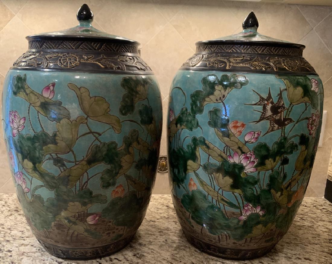 Pair Large Chinese Lidded Urns - Signed (1 of 10)