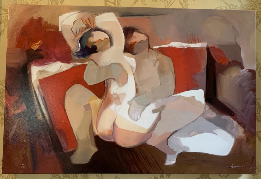Hessam Abrishami Signed & Numbered Giclee Print: Hessam Abrishami Signed & Numbered Giclee Print. Print on canvas depicting a nude couple. Signed and numbered by artist Hessam Abrishami. 24 inches x 36 inches. Property of a designer decorated waterf