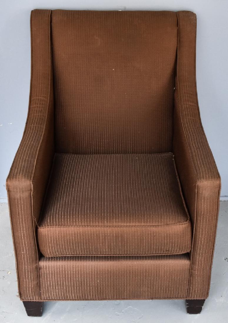 Contemporary Modern Brown Fabric Slipper Armchair: Contemporary Modern Brown Fabric Slipper Armchair. Measures 8.5 x 27.5 x 31 inches.