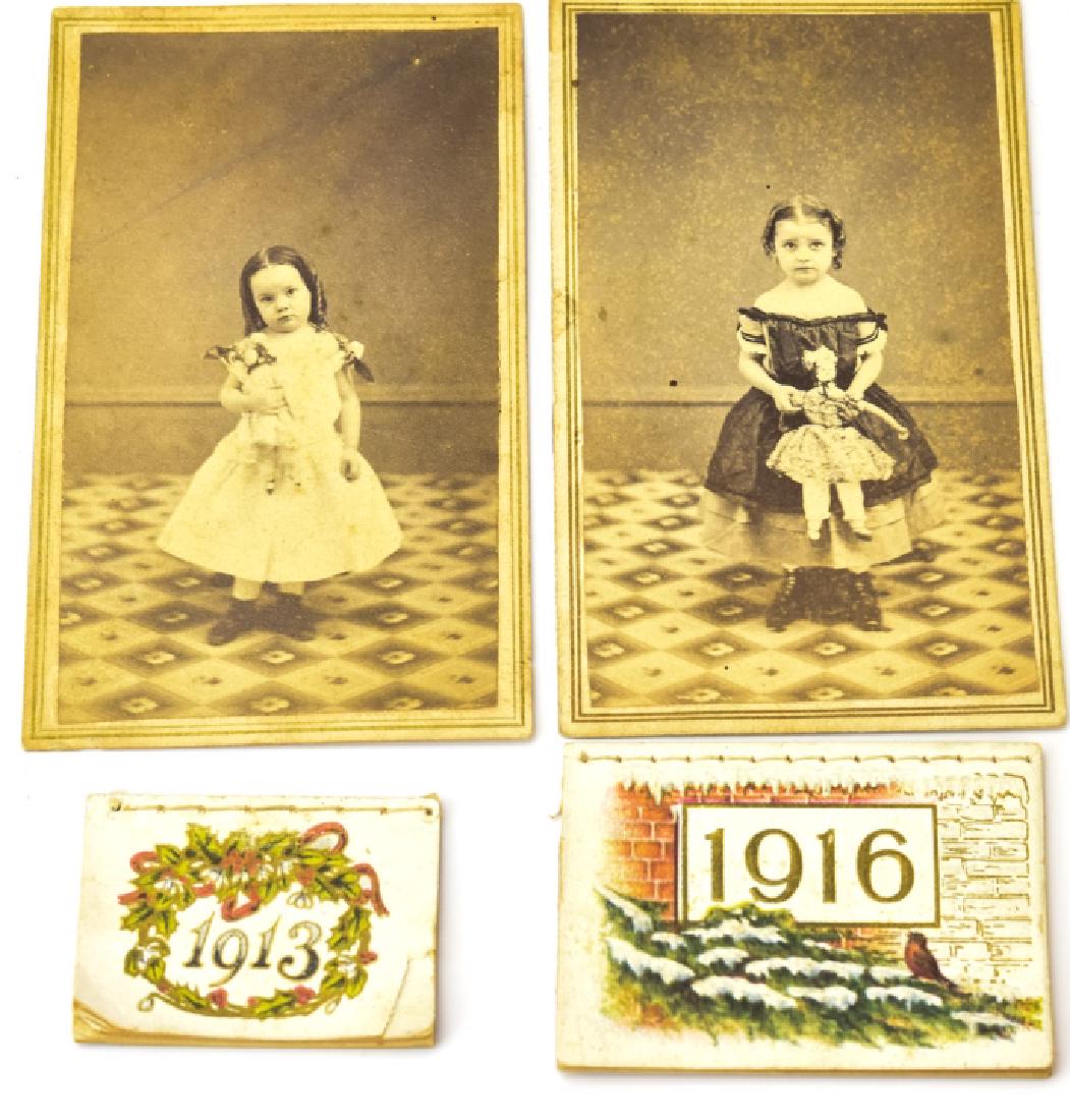 Antique 19th C Photos Girl w Doll & Mini Calendars: Antique 19th C Photos Girl w Doll & Miniature Calendars. Photo measures 4 inches in length.