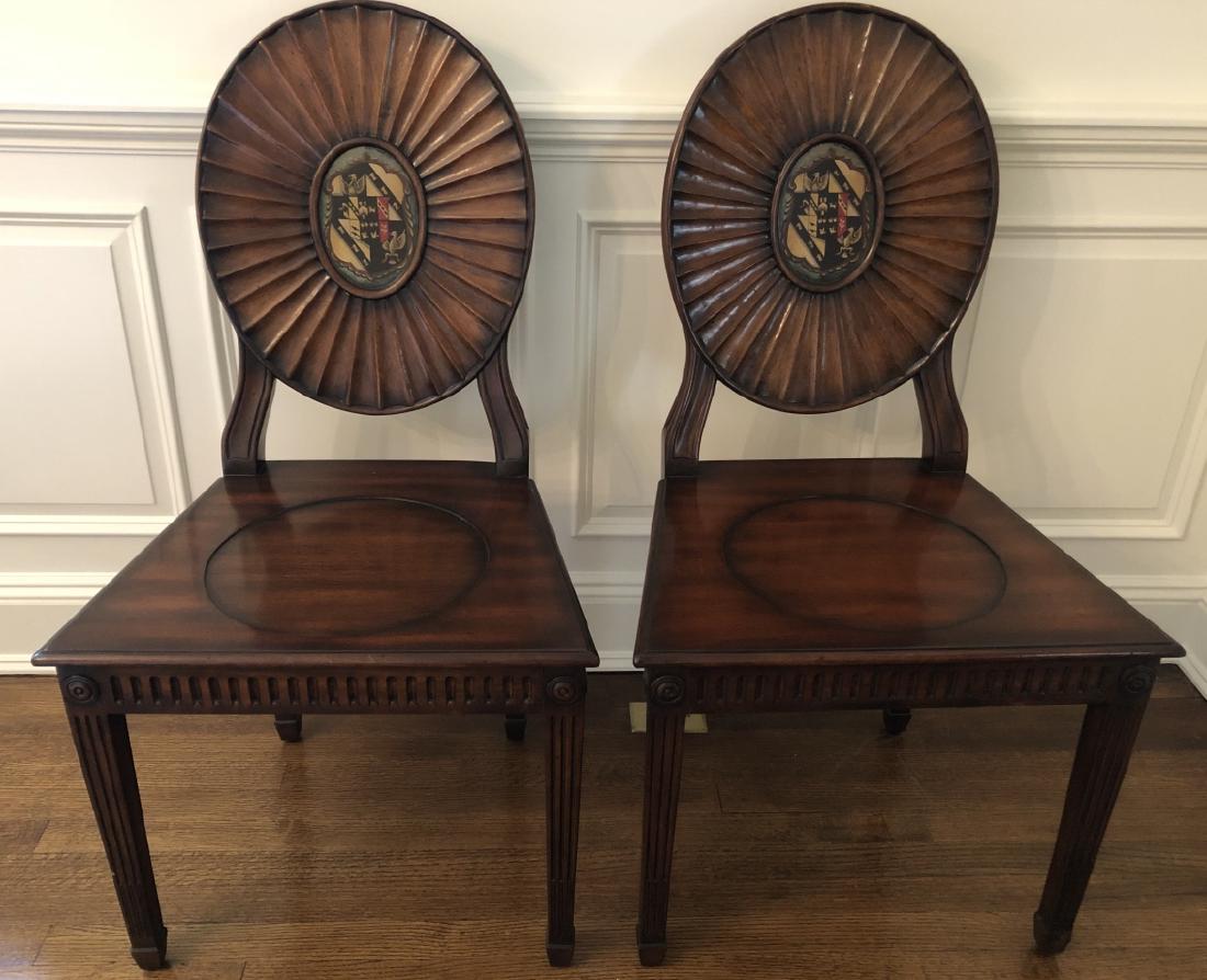 Pair Hand Carved Rococo Chairs w Coat of Arms: Pair Hand Carved Rococo Chairs w Coat of Arms. Each chair has a hand painted coat of arms. 39 inches x 21 inches x 21 inches