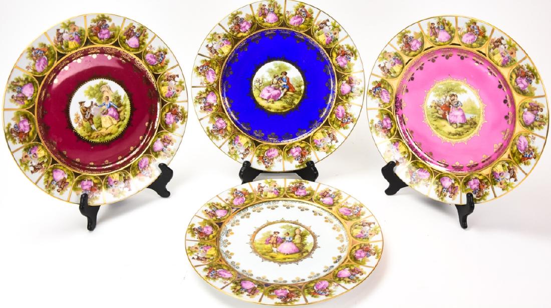 4 JKW Decor Carlsbad Alt Wein Dinner Plates: 4 JKW Decor Carlsbad Alt Wein Dinner Plates. Each decorated with Rococo style romance / courtship scenes. 11 inches in diameter.