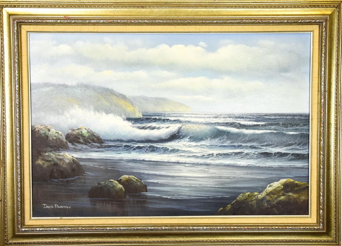 David Burton Seascape Framed Oil Painting: David Burton Seascape Framed Oil Painting. Oil on canvas painting depicting a seascape scene signed David Burton. Frame measures 31.5 inches x 43.5 inches.