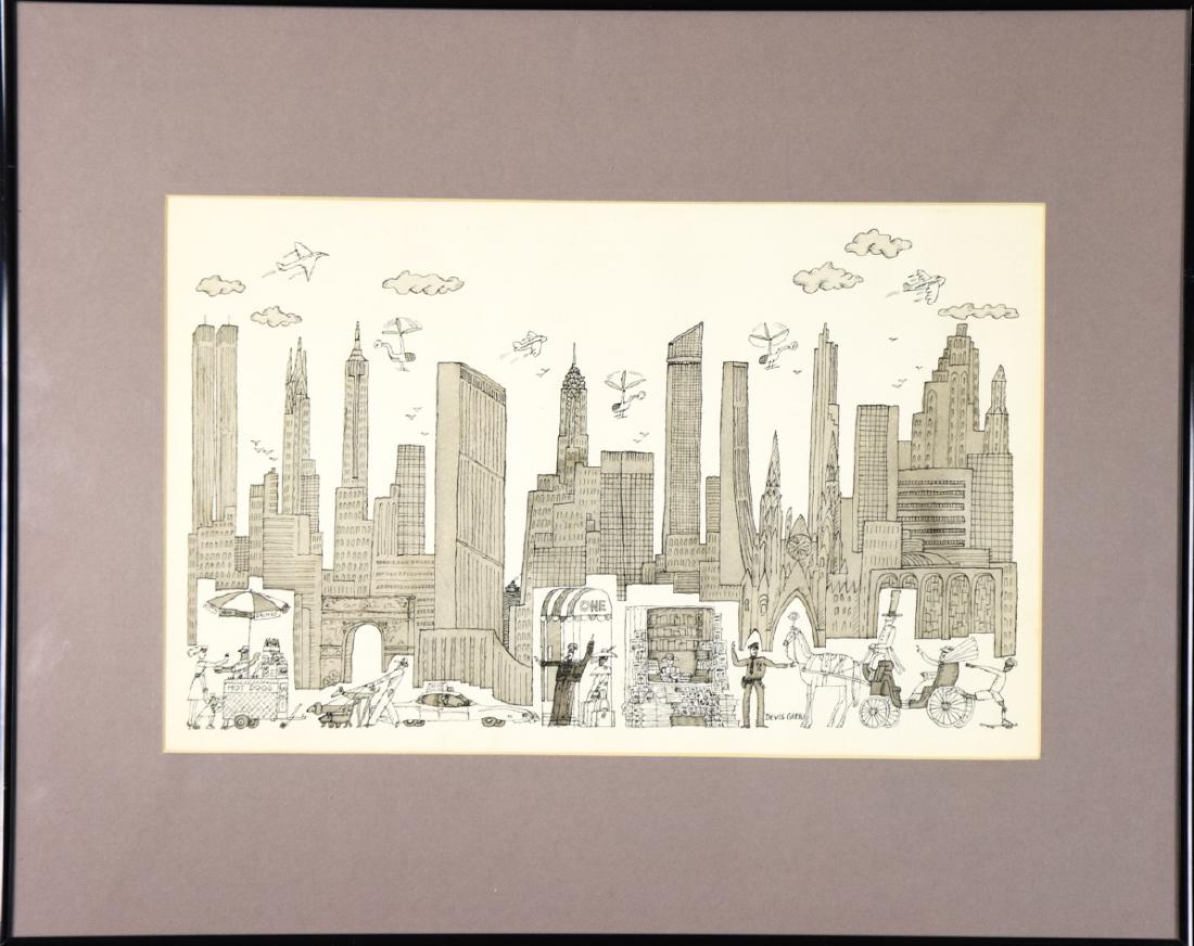 Devis Grebu Framed Artist Proof NYC Skyline: Devis Grebu Framed Artist Proof NYC Skyline. Pen and ink by Devis Grebu of Romania. Work depicts NYC street level, building level and skyline. 16 inches x 20 inches