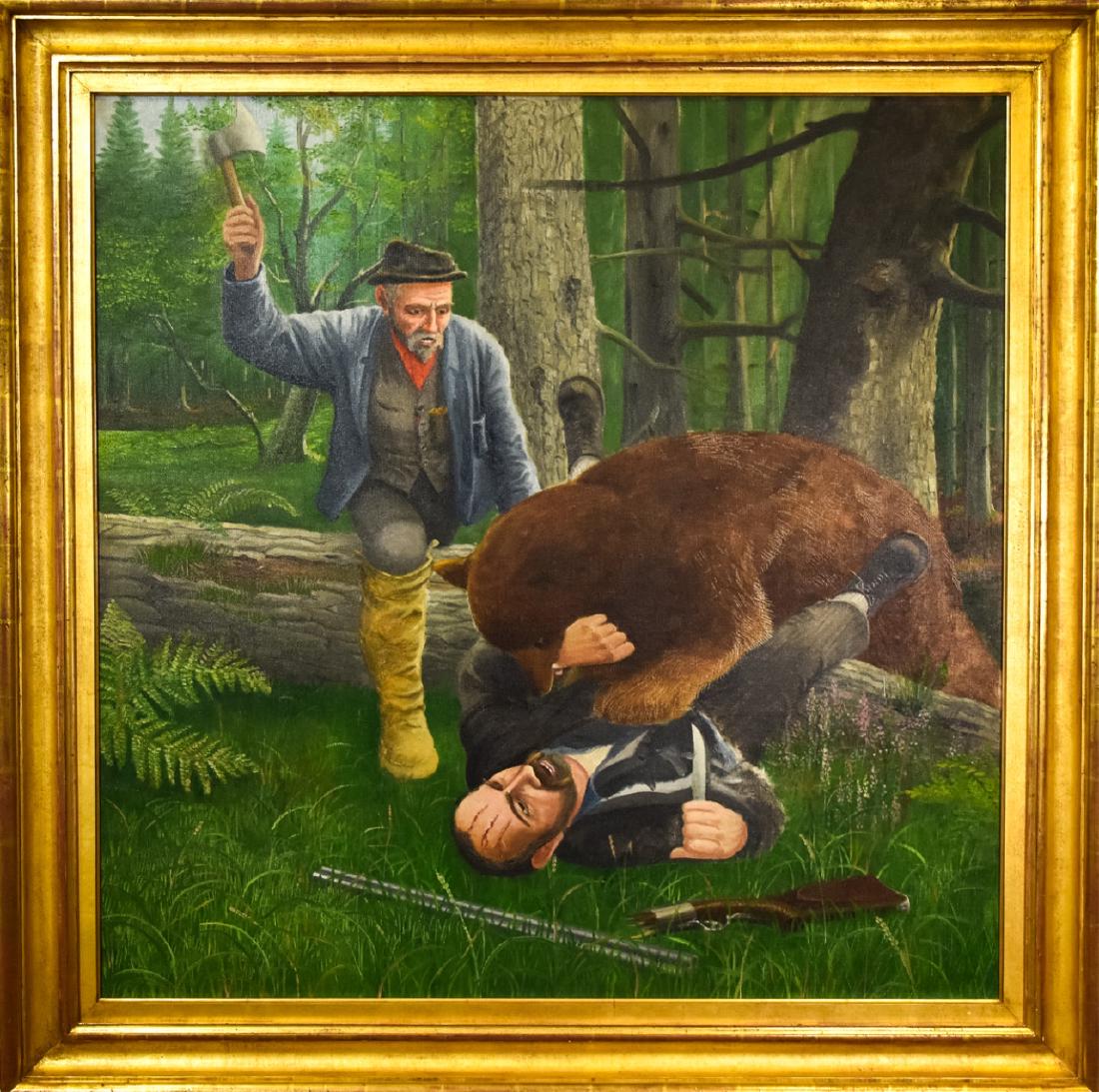 Framed Oil Painting of Bear Attacking Two Hunters (1 of 8)