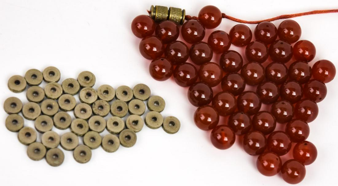 Group Antique Carnelian & Greek Key Jewelry Beads: Group Antique Carnelian & Greek Key Jewelry Beads. Carnealian beads each measure 3/8 of an inch in diameter.