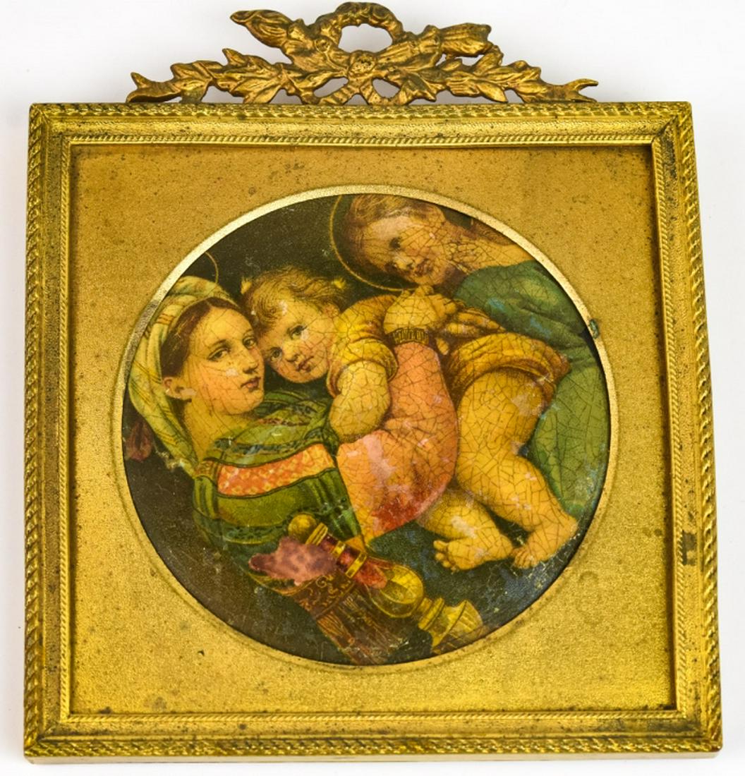 Antique Grand Tour Ormolu Frame w Raphael Print: Antique Grand Tour Ormolu Frame w Raphael Print of The Madonna della Seggiola or Madonna della Sedia. Measures 4.5 x 4 inches.