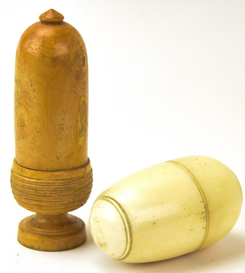 Antique Miniature Carved Bone & Wood Etui Cases: Antique Miniature Carved Bone & Wood Etui Cases. Carved bone egg and carved wood acorns, likely for thimble and needles. Acorn measures 2.75 inches in height.