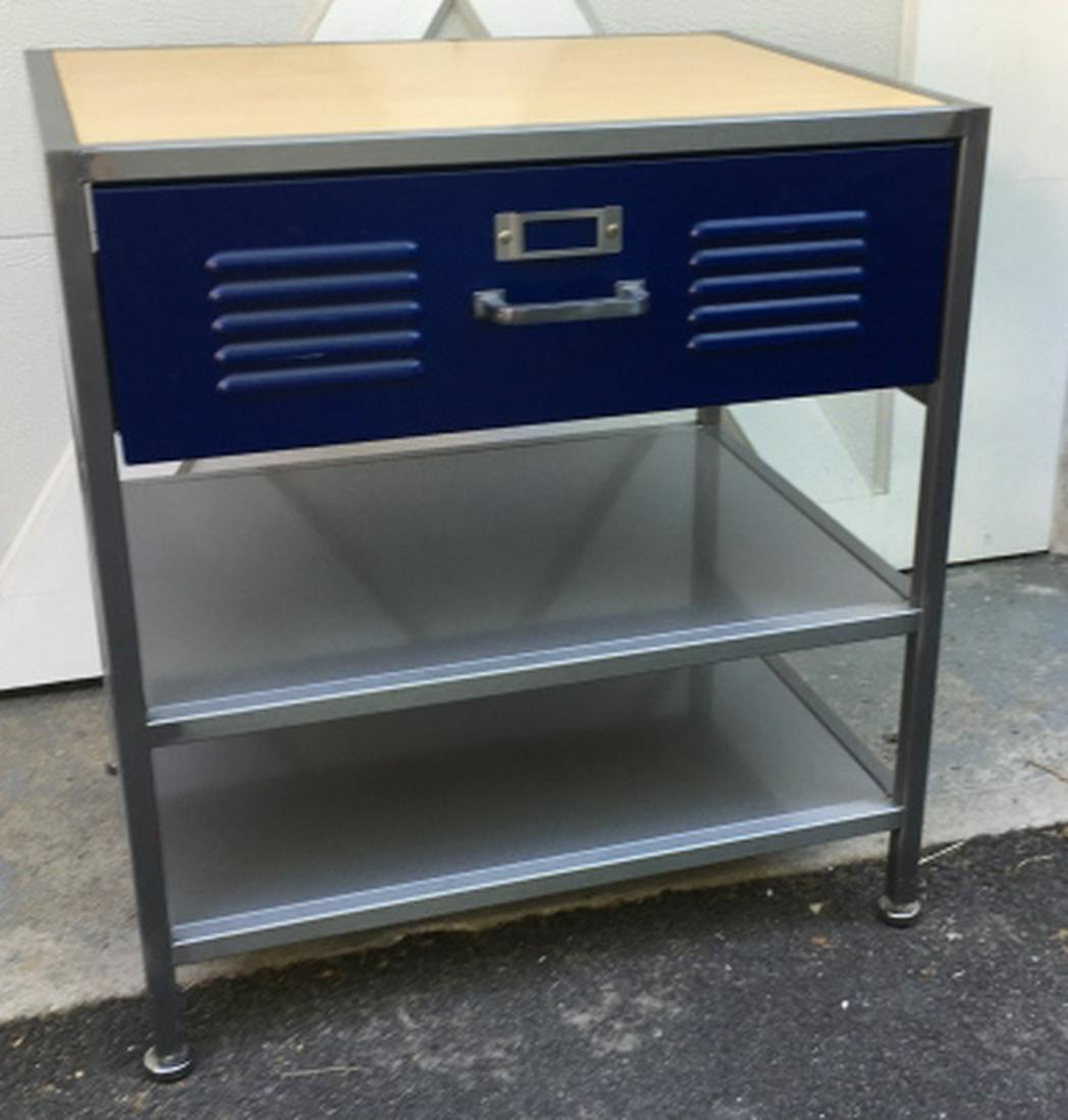 Industrial Style Metal Side / End Table W Drawer: Industrial Style Metal Side / End Table W Drawer. With one pull out drawer and two shelves. 24 inches x 26 inches x 19 inches.