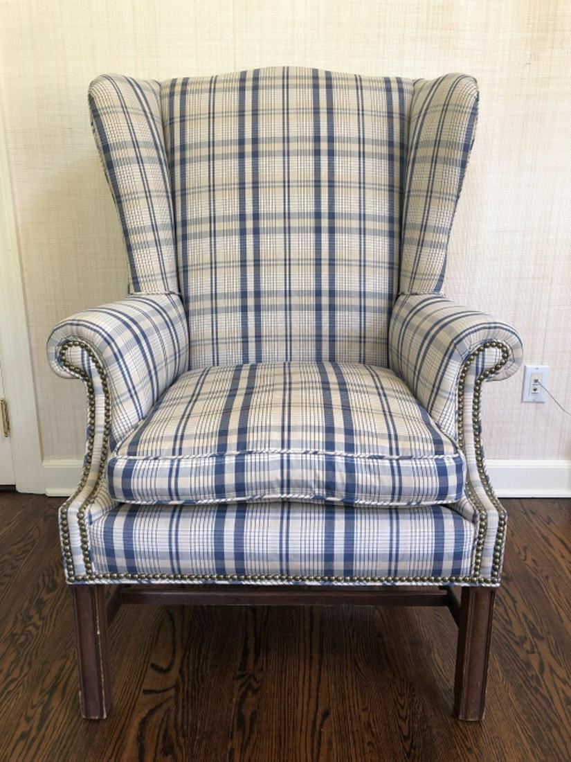 English Style Wing Chair Rolled Arm Nail Head Trim: English Style Wing Chair Rolled Arm Nail Head Trim. Upholstered wing chair with rolled arms and nail head trim 47 inches x 32 inches x 36 inches