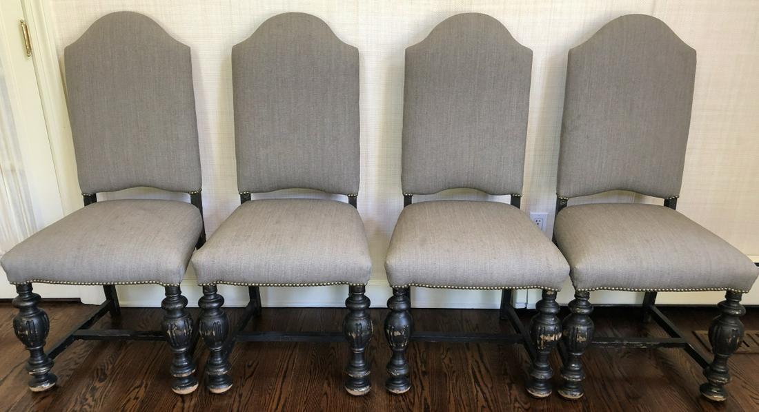 4 Jacobean Carved Upholstered Slipper Chairs: 4 Jacobean Carved Upholstered Slipper Dining Chairs. 4 chairs with carved bases. Custom upholstery with nail head trim. Slipper form. 45 inches x 21 inches x 21 inches
