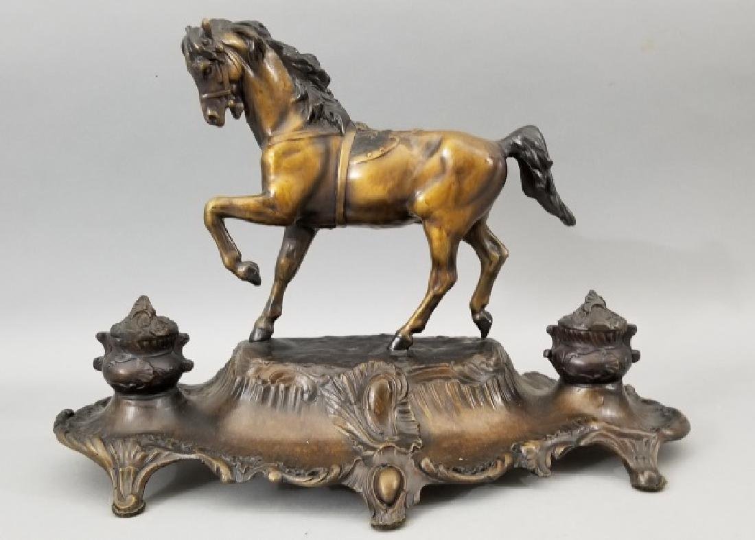 Signed Bronze Horse Double Inkwell Desk Statue (1 of 4)