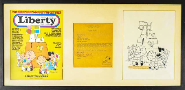 Original Charles Schulz Signed Peanuts Ink Drawing: Original Charles Schulz Signed Peanuts Ink Drawing. Original Charles Schulz signed peanuts ink drawing with letter and magazine publication. Professionally matted and framed. Frame measures 14 inches