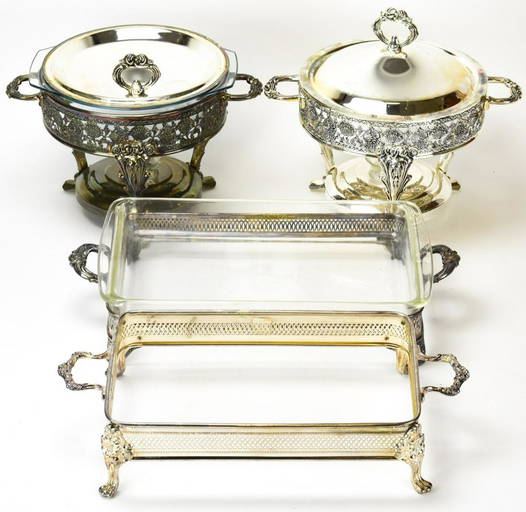 Pair Silver Plate Food Warmers + Pair Holders