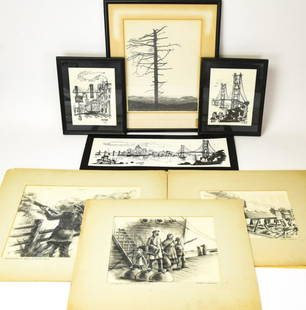 Pen + Ink Vintage Artwork Arnold Friedman and More: Pen + Ink Vintage Artwork Arnold Friedman and More. Pen and ink artwork framed and unframed by 3 artists. 3 pieces by Robert Gleason, one by Edward Getz, 3 are attributed to Arnold Aaron Friedman of S