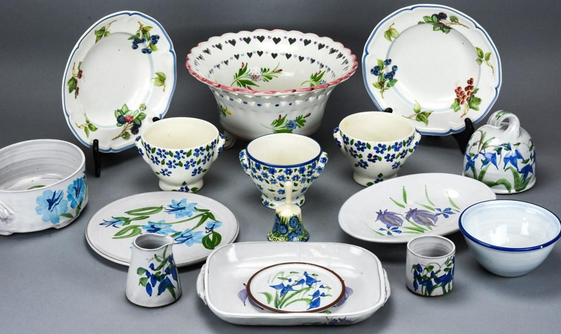 Lot of Hand Painted Floral Pottery Serveware: Lot of Hand Painted Floral Pottery Serveware. This lot includes mixed maker and style pottery serveware pieces, each with a hand painted floral motif. Includes two Villeroy & Bosch bowls which each me