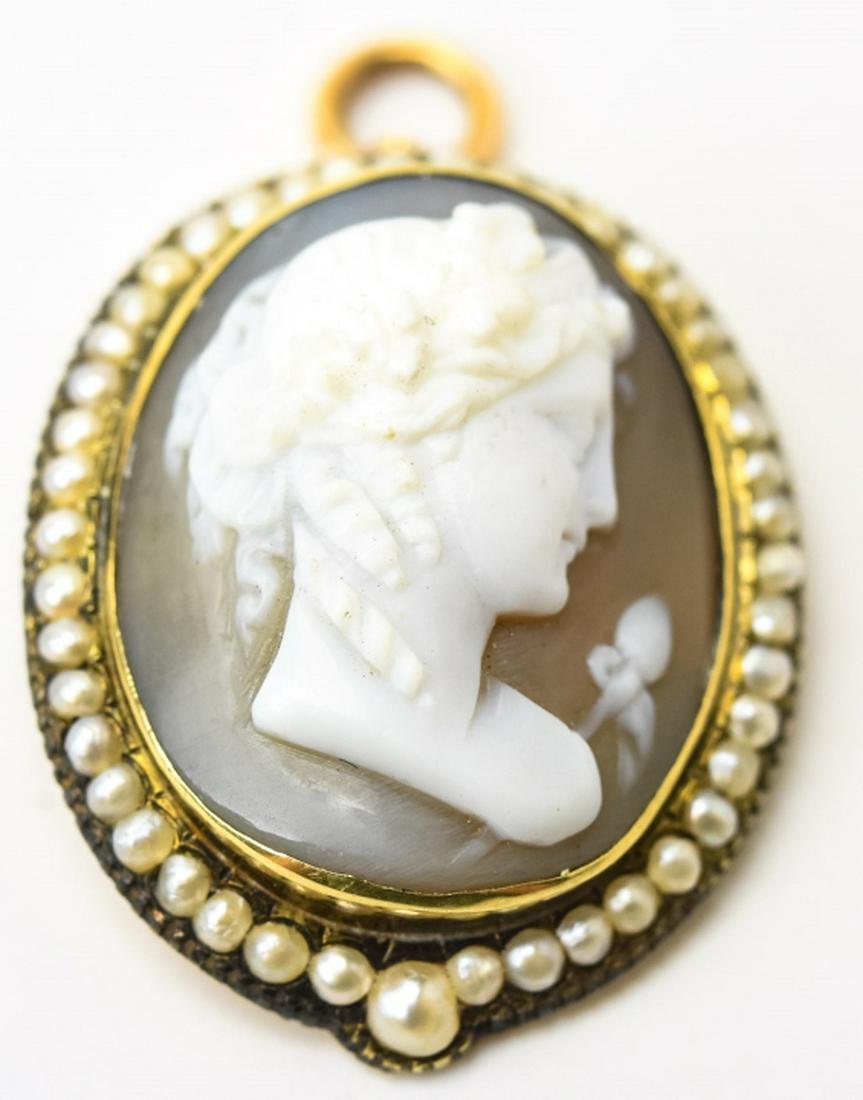 Antique Georgian Gold Cameo & Seed Pearl Pendant: Antique Georgian Gold Cameo & Seed Pearl Pendant. Acid tests at 14kt gold, hand carved Greco-Roman shell cameo with seed pearl halo. Measures 1.25 inches in length.