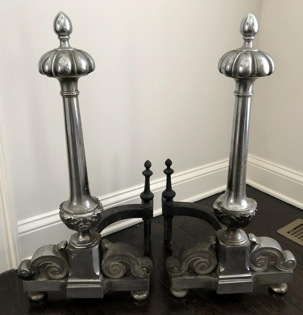 Pair Silver Tone Hollywood Regency Andirons (1 of 5)