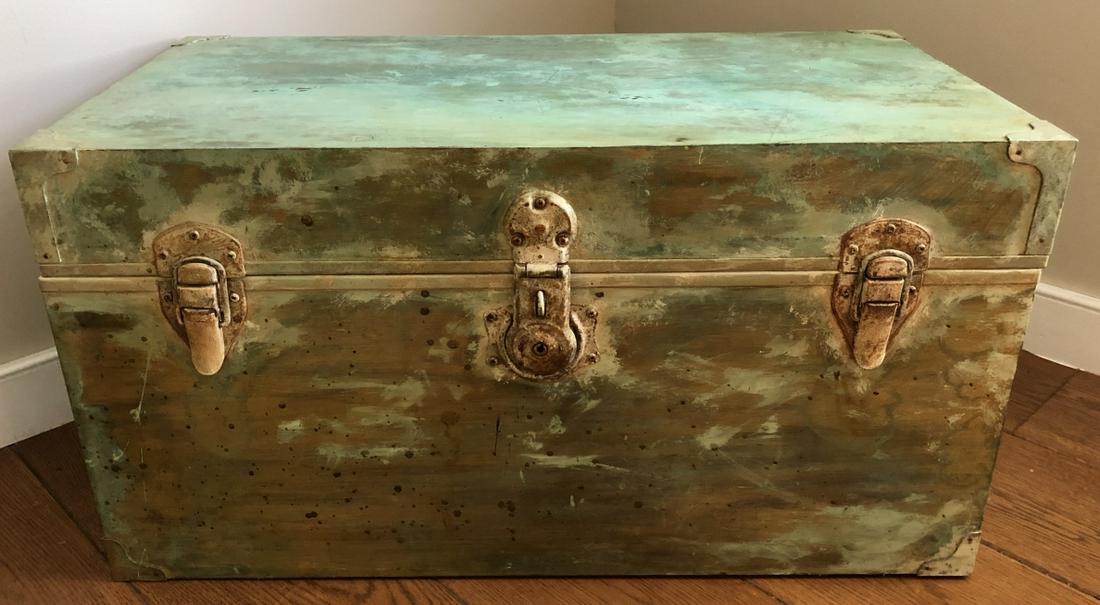Hand Painted Verdigris + Gilded Trunk w Hardware: Hand Painted Verdigris + Gilded Trunk w Hardware. Verdigris effect and washed with gilt toned paint so the 2 effects are blended. 16 inches x 31 inches x 16 inches