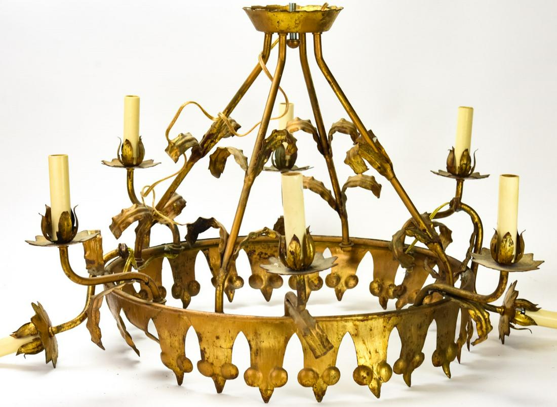 Gilded Tole Rococo 8 Arm Chandelier: Gilded Tole Rococo 8 Arm Chandelier. Wired for electricity. 2 arms need to be re-attached by solder. 19 inches x 28 inches in diameter.