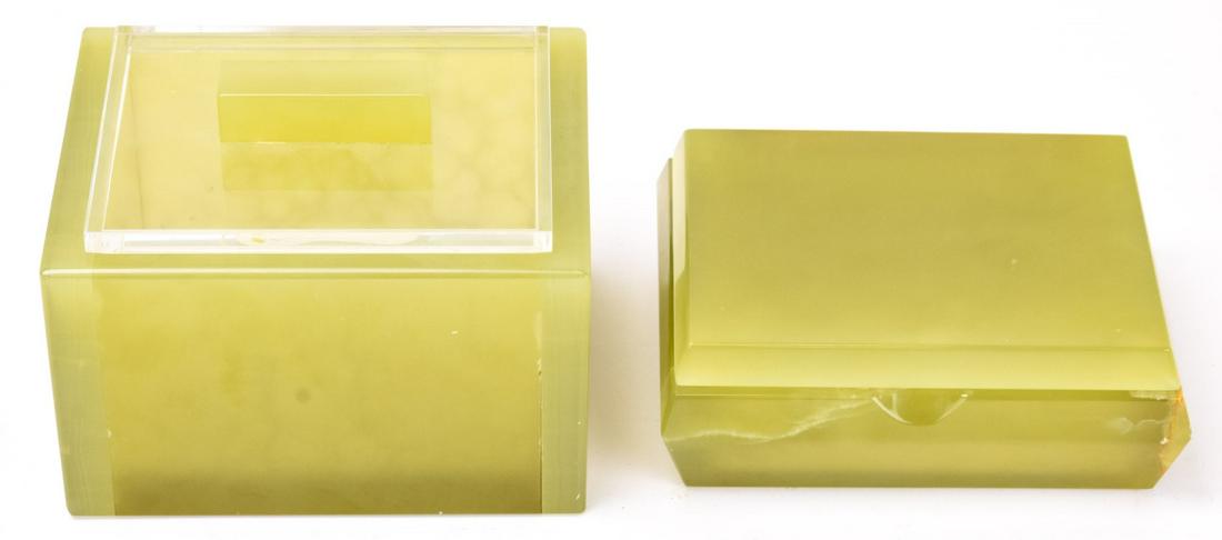 Pair Onyx Decorative Boxes: Pair Onyx Decorative Boxes. One box has a hinged cover and the other a lucite cover with an onyx handle. Hinged box is by Colibri. 3 inches x 5 inches x 4 inches