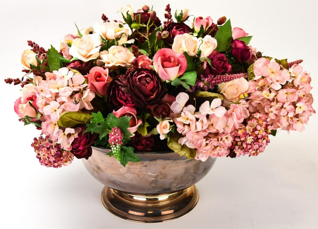 Large Centerpiece Silk Flowers Silver Plate Bowl (1 of 9)