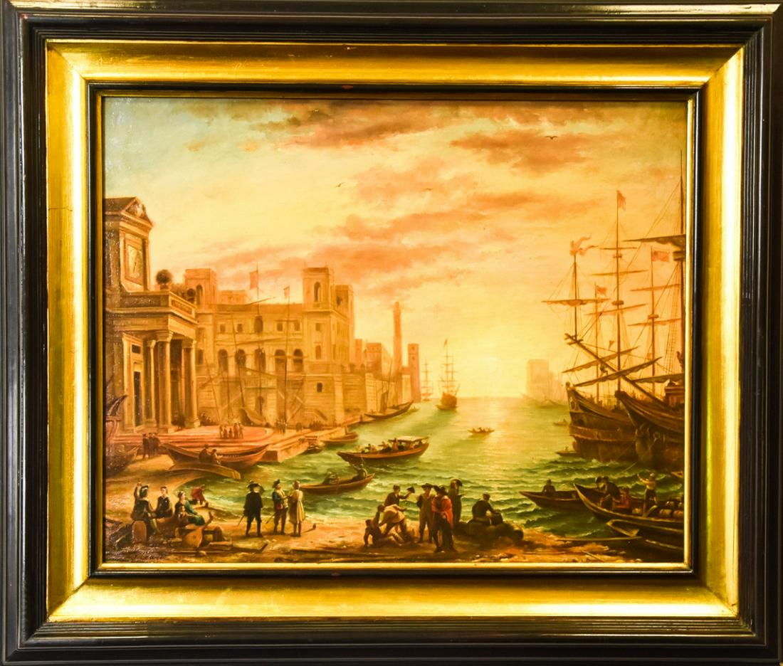 Framed Oil Painting Renaissance Europe Waterfront: Framed Oil Painting Renaissance Europe Waterfront. Framed oil painting in Eastlake style frame with gold leaf panel. Signed by the artist. 35 inches x 42 inches