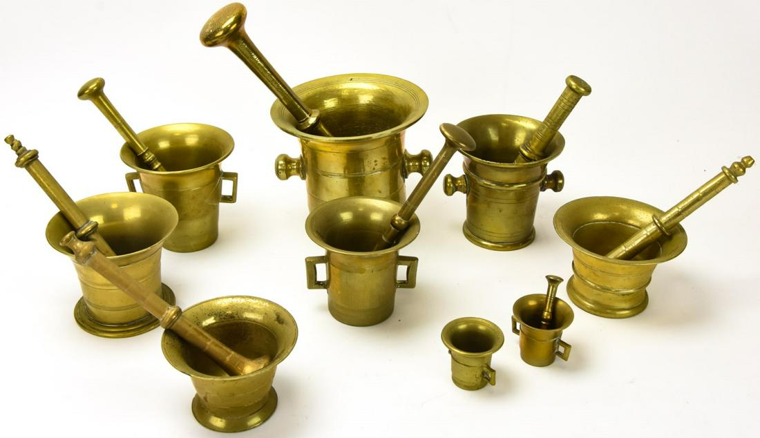 Lot of Antique Solid Brass Mortars & Pestles (1 of 10)