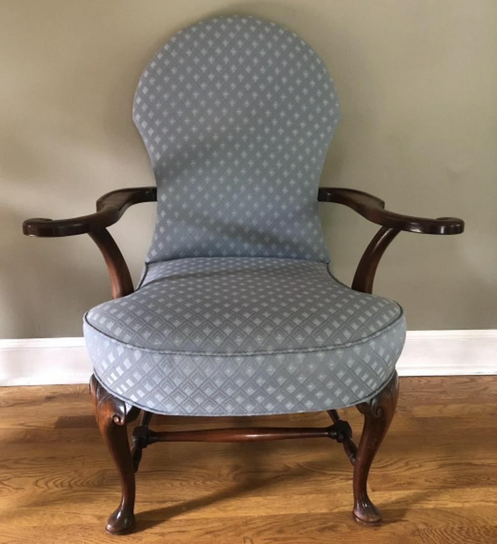 Antique Bergere Upholstered Chair: Antique Bergere Upholstered Chair. Cabriolet legs with stretchers. Light blue upholstery. 42 inches x 33 inches x 28 inches