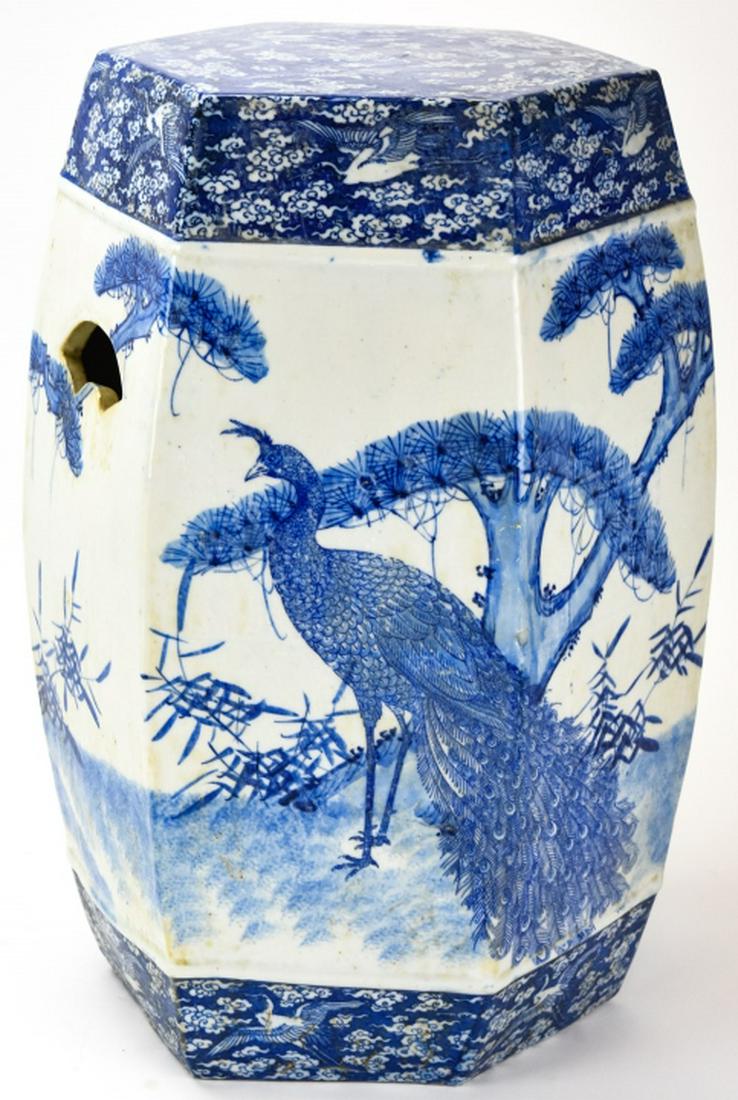 Chinese Blue & White Porcelain Garden Stool: Chinese Blue & White Porcelain Garden Stool. Featuring motifs of peacocks, cranes and flowers. 19 inches x 11 inches x 9 inches.
