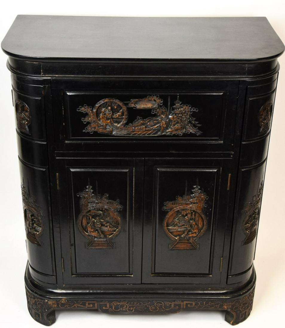 Chinese Hand Carved Black Lacquer Bar: Mid Century Hand Carved Black Lacquer Bar. Hand carved in hollow relief / intaglio bar with multiple compartments, cabinets and carved panels. There are 2 side cabinets, 2 corner cabinets, 2 front 2 d