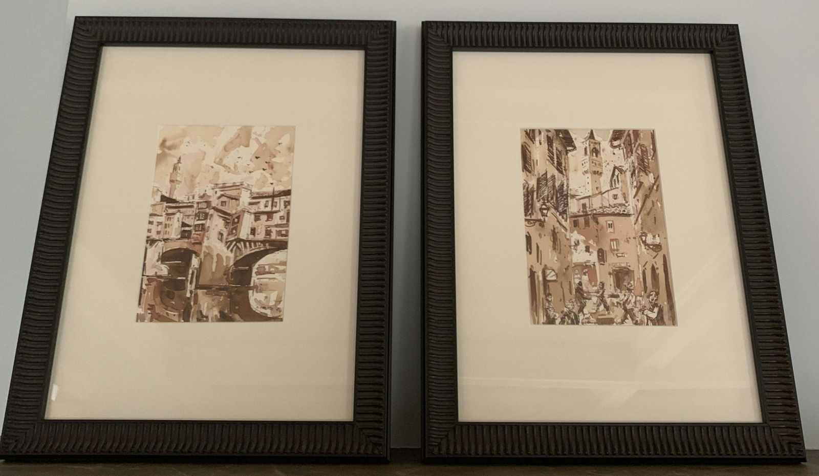 Pair Framed European Street Scene Prints (1 of 4)