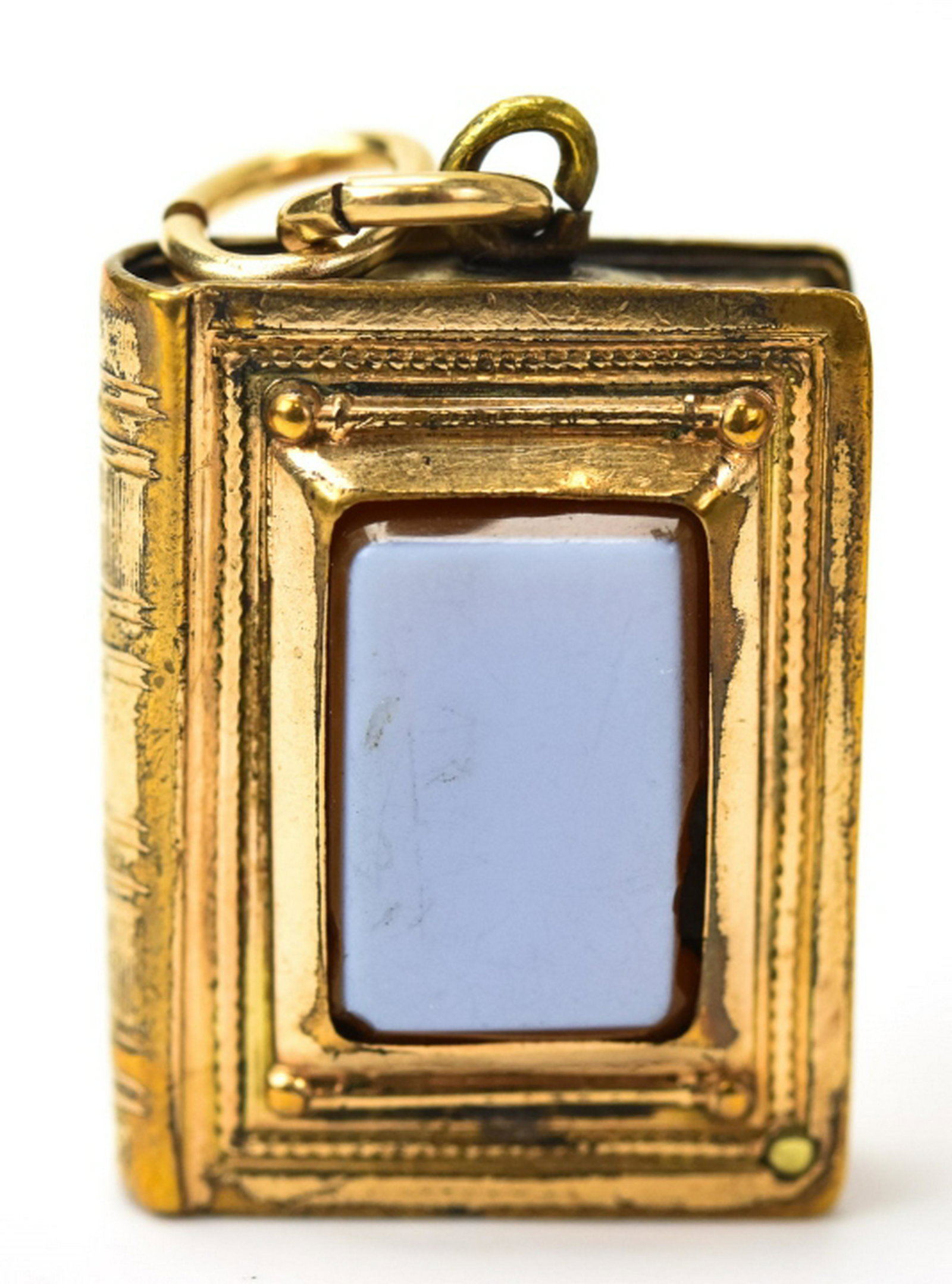 Antique 19th C Sardonyx Mounted Book Form Locket: Antique 19th C Sardonyx Mounted Book Form Locket. Necklace pendant. Measures just over 1 inch in length w bail.