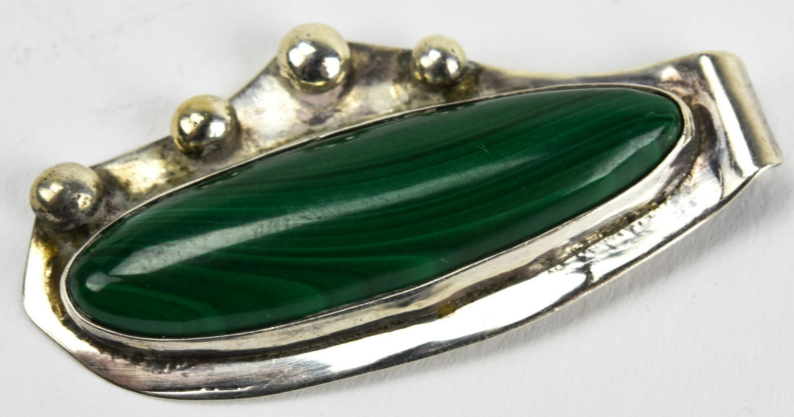 Sterling Silver & Malachite Necklace Pendant: Sterling Silver & Malachite Necklace Pendant. Handmade, hallmarked. Measures 1.75 inches.