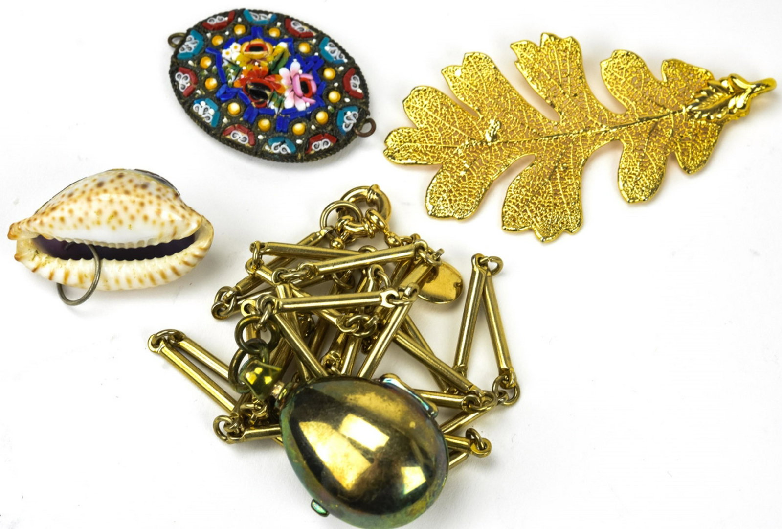 Collection Vintage Jewelry Pieces - Micro Mosaic: Collection Vintage Jewelry Pieces - Micro Mosaic, locket, leaf, carved shell, chain